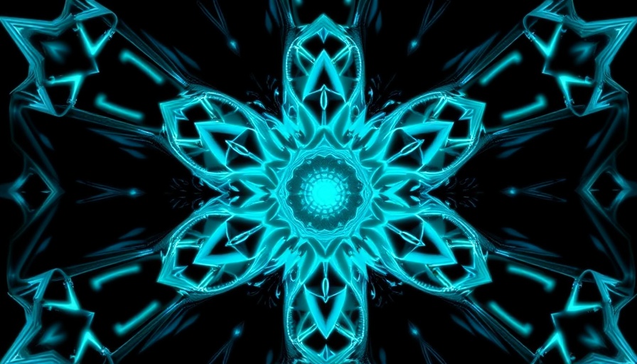 3D fractal pattern glowing in cyan for 432 Hz and Alpha Waves.