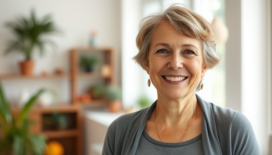 Middle-aged woman smiling indoors, promoting dementia prevention in your 40s.