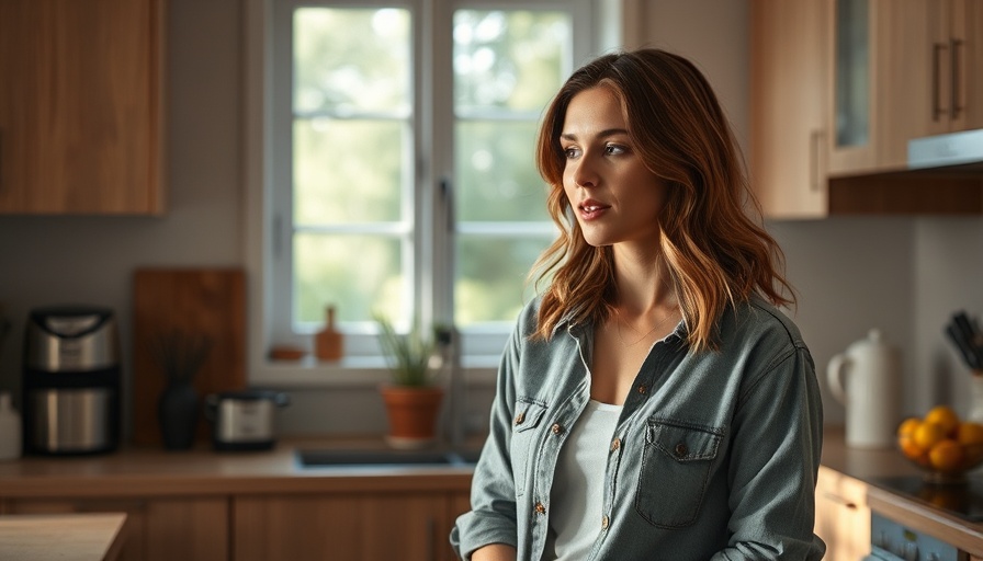 Casual woman discussing food allergies in children in a bright kitchen.