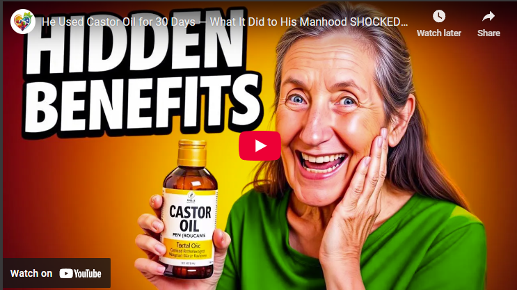 Elderly woman showcasing castor oil with a cheerful smile.