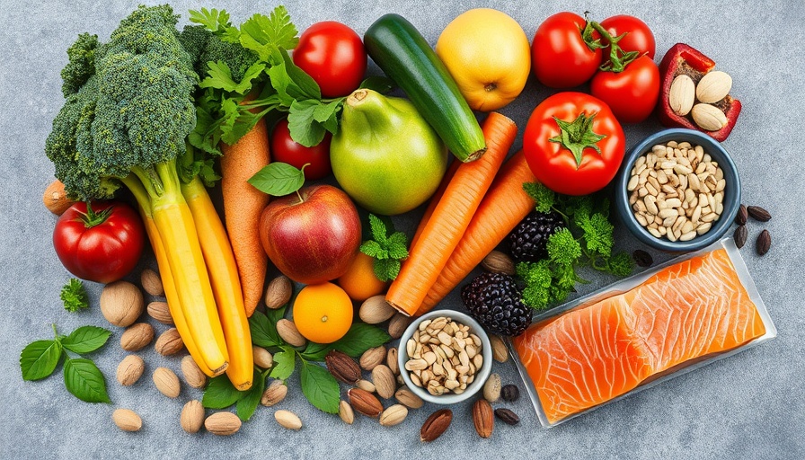 Healthy foods including fruits, salmon, and nuts on a gray surface.