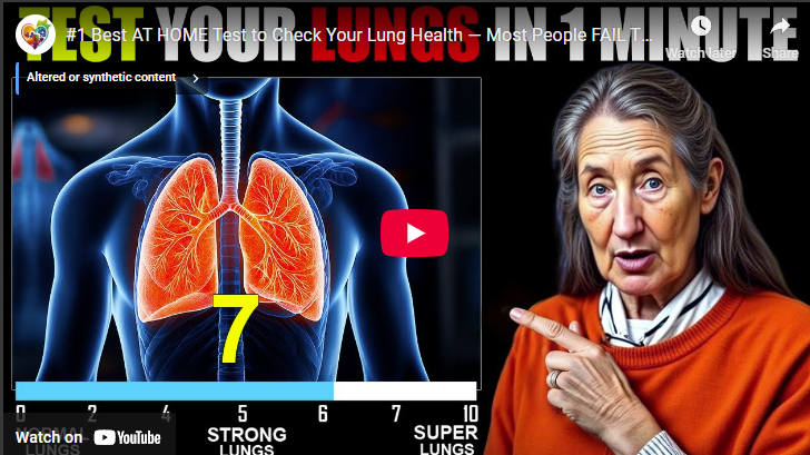 Elderly woman demonstrating at-home lung tests with digital chart.