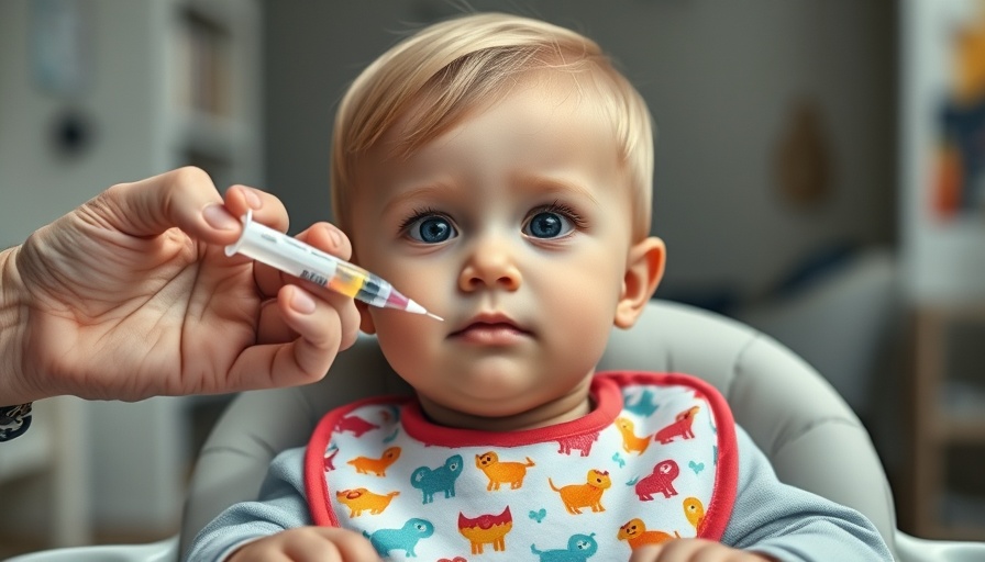 Child receiving liquid iron supplement, addressing iron deficiency anemia in children.