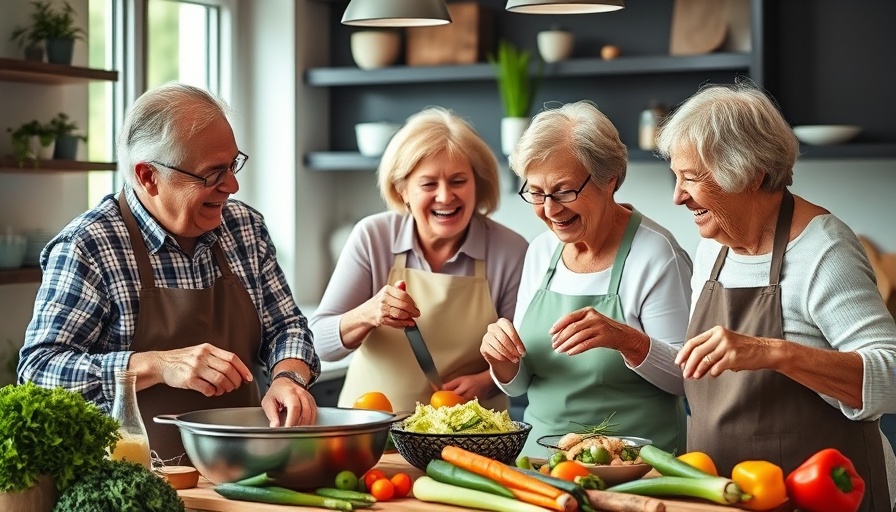 Older adults in a kitchen enjoying group cooking activities to prevent cognitive decline.