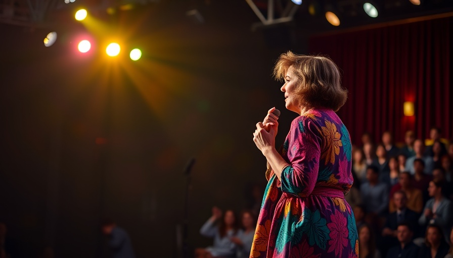 Speaker in colorful dress emphasizing trust as the most persuasive tool on stage.