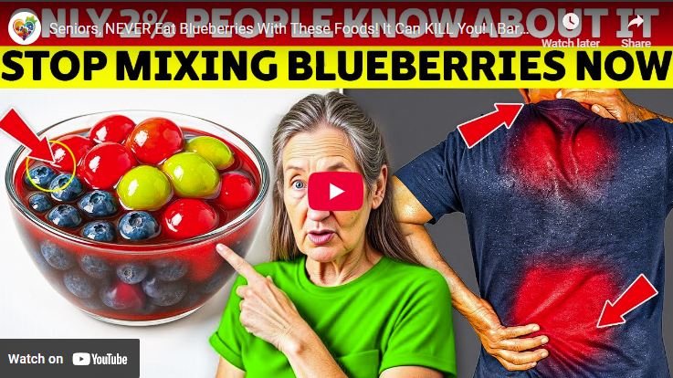 Elderly woman warns about blueberries food pairing, vibrant visual.