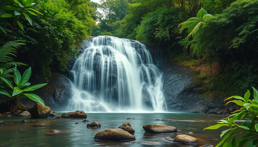 Waterfall with lush greenery in a tranquil setting, highlighting water's health benefits.