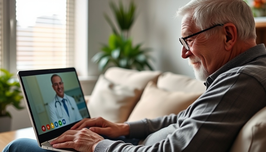 Elderly man video calling a doctor, telehealth services setting.