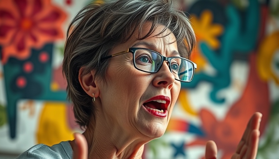 Energetic woman discussing hormone balance with abstract art background.