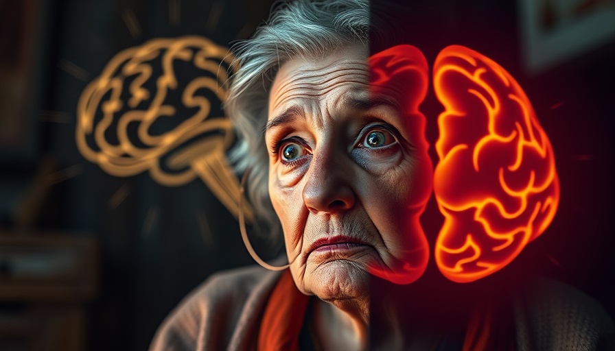Concerned elderly woman and glowing brain illustration.