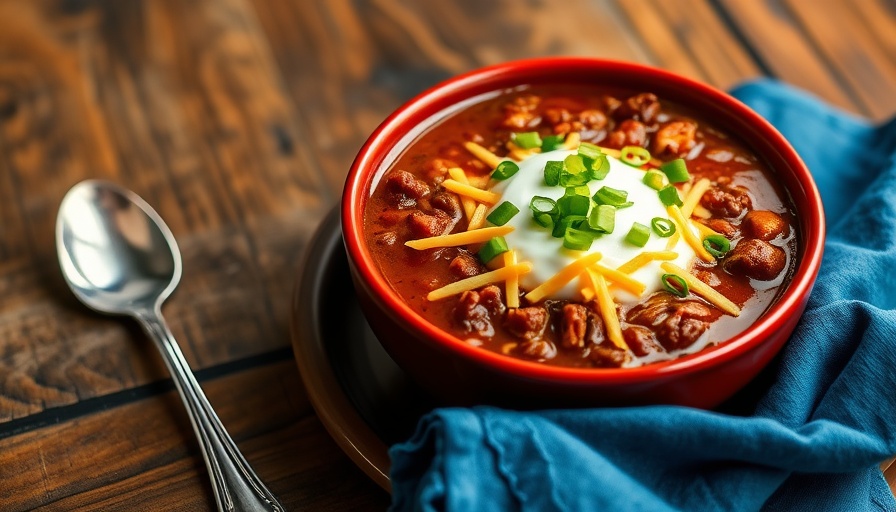 Homestyle Tex Mex Chipotle Chili in a red bowl, topped with cheese and onions.
