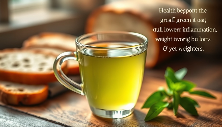 Decaf green tea health benefits, cup with overlay text.