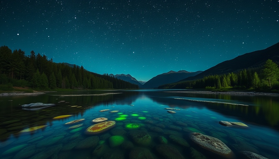 Peaceful night over a river with glowing stones and starry sky.