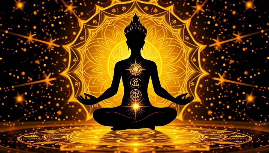 Meditative figure with cosmic lotus design in Reiki Music style.