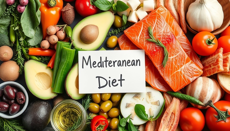 Colorful Mediterranean diet foods promoting heart health.