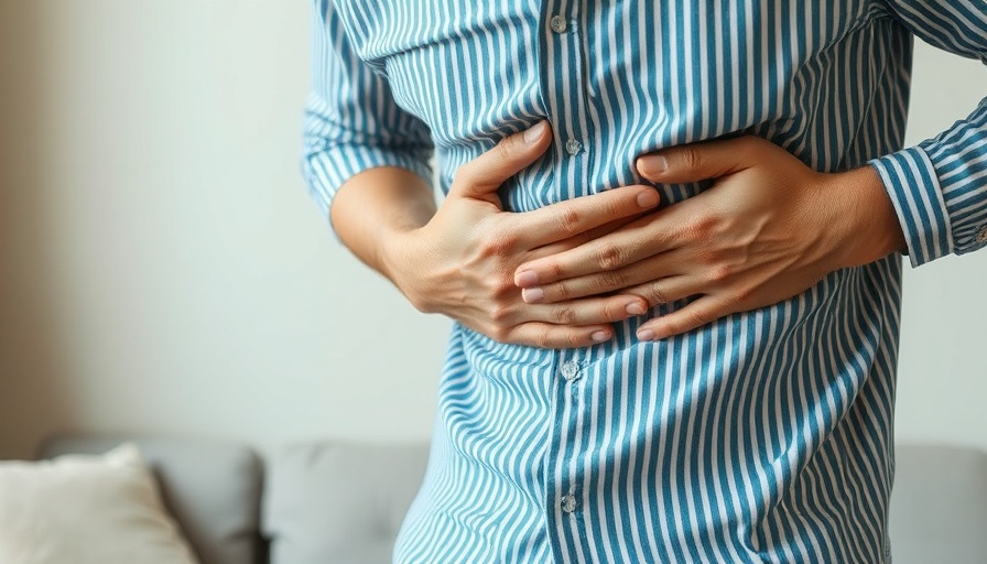 Man holding stomach, experiencing digestive discomfort indoors.