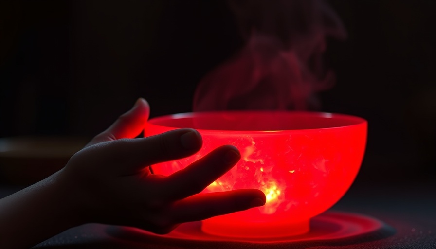 Glowing root chakra crystal singing bowl played by a hand.