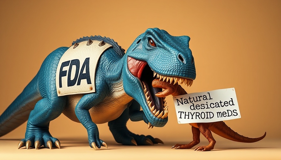 FDA dinosaur attacking smaller dinosaur in natural thyroid meds ban protest.