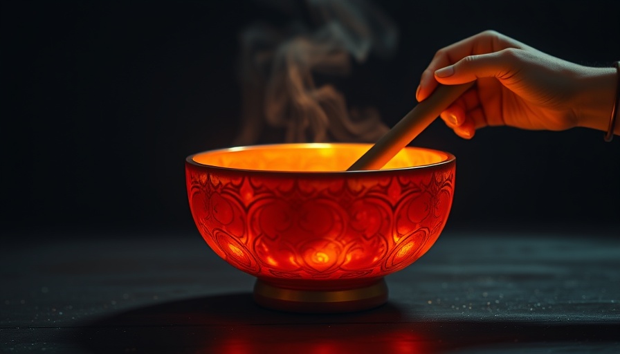 Sacral chakra crystal singing bowl glowing orange in a dark serene setting.