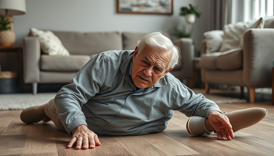 Elderly man on floor distressed, preventing falls as you age.