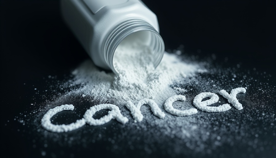 Talcum powder bottle spills onto surface, 'cancer' written, highlighting health risks.