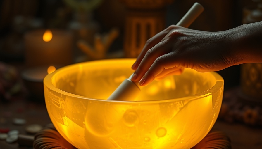 Solar Plexus Chakra Crystal Singing Bowl glowing warmly in dark setting.