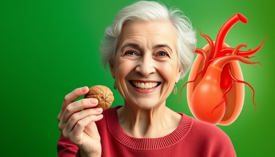 Woman promoting food to clean clogged arteries, holding walnut.