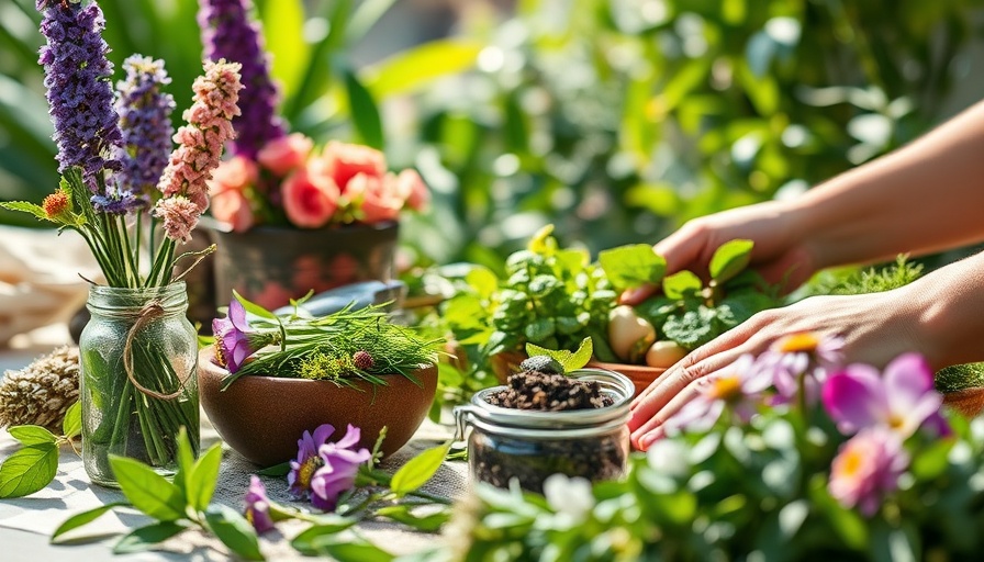 Fresh botanicals and herbal preparations with hands arranging flowers.