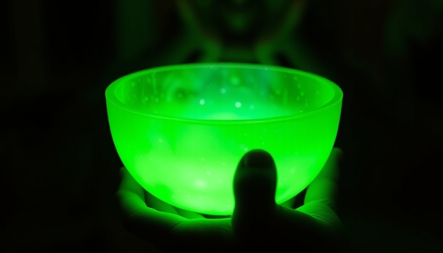 Green heart chakra crystal singing bowl glowing in dim light.
