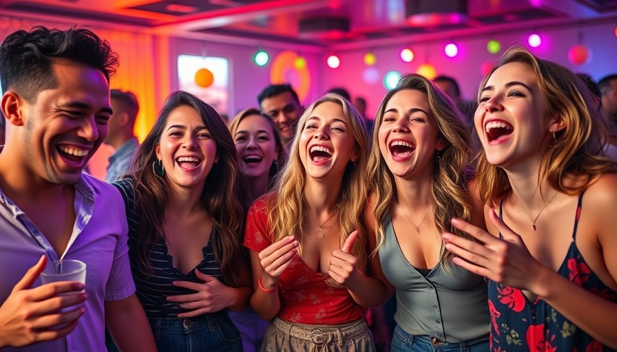 Young adults at a party, vibrant lighting highlighting joy.