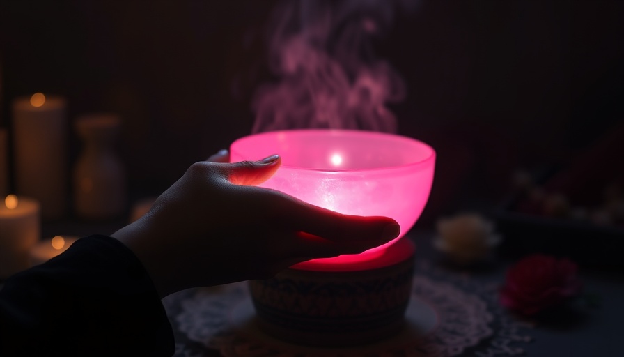 Hand playing pink crystal singing bowl, calming atmosphere.