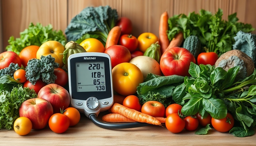 Fresh produce and a digital monitor for lowering blood pressure naturally.