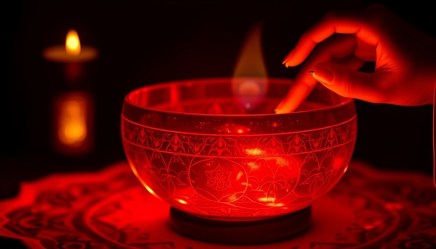 Chakras Crystal Singing Bowls with vibrant red bowl and symbols.