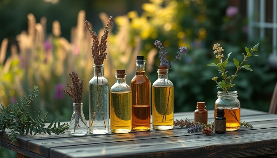 Essential oils in elegant bottles on a wooden table.