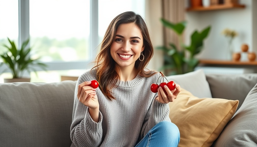 Young woman enjoying cherries in a cozy living room, highlighting health benefits of eating cherries.