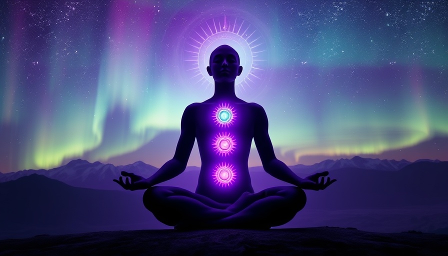 Vibrant silhouette meditating with all 7 chakras under a cosmic starry sky.