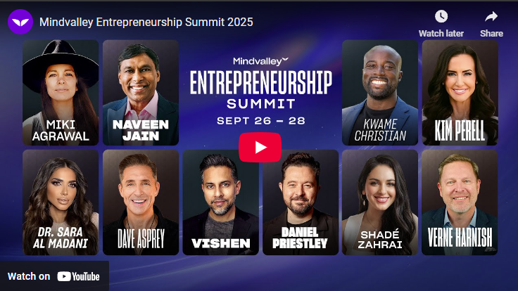 Mindvalley Entrepreneurship Summit 2025 promotional poster with featured speakers.