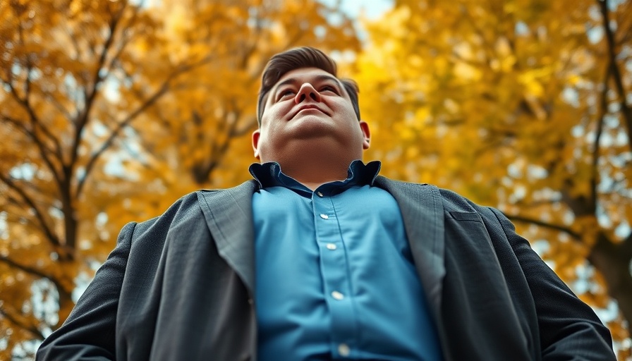 Low angle view of overweight man outdoors, autumn background, obesity linked cancer deaths.