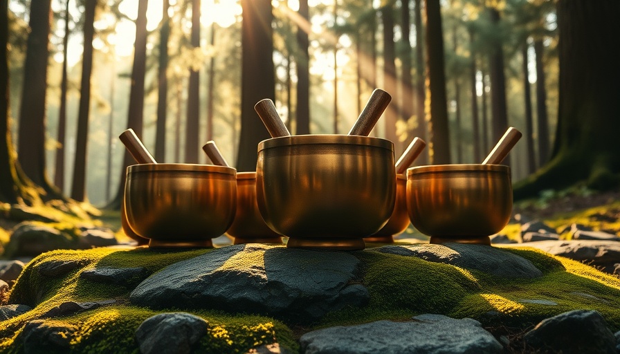 Tibetan singing bowls in a sunlit forest with positive energy.