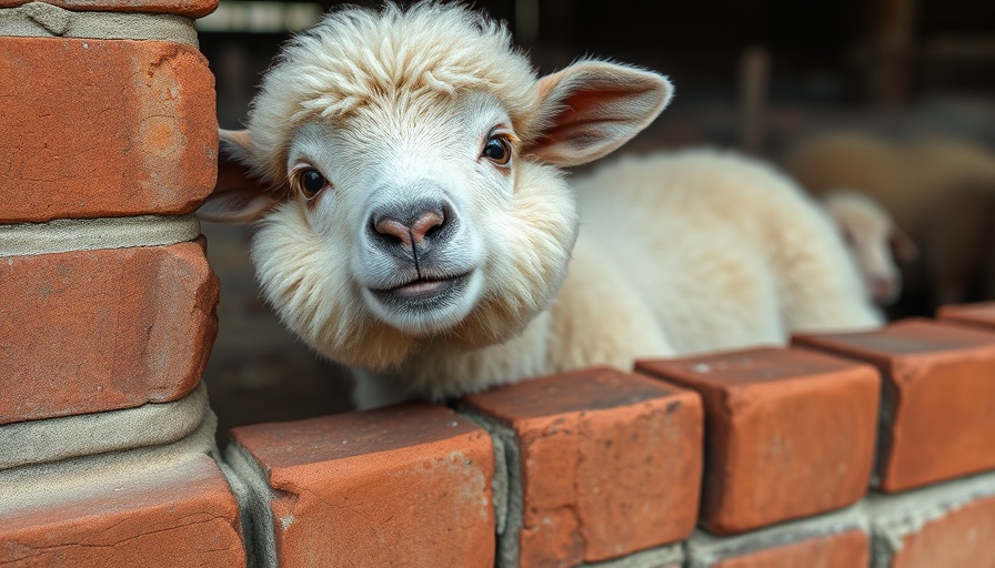 Adorable fluffy sheep peeking over a wall symbolizing path to wellness.