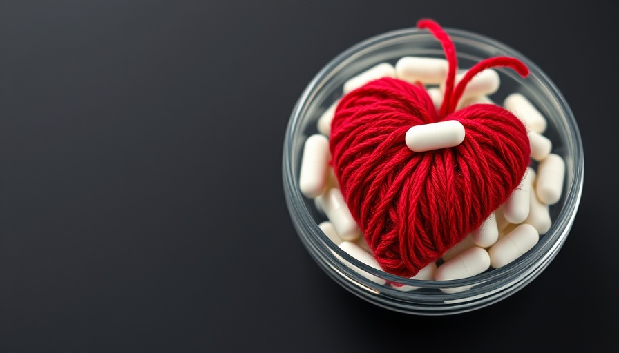 Glass bowl with capsules and red yarn heart symbolizing beta blockers risks for women.