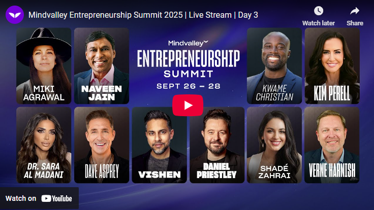 Mindvalley Entrepreneurship Summit 2025 poster with diverse speakers.