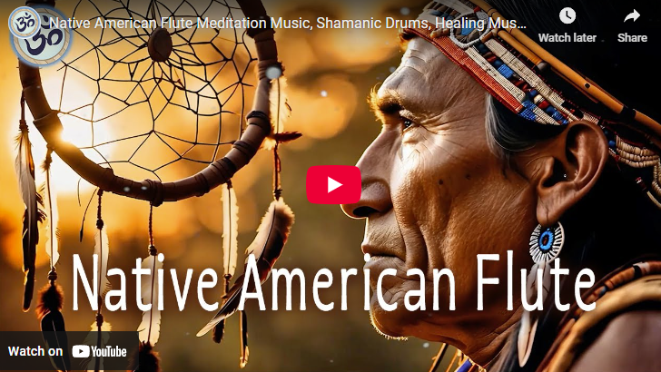 Native American man, contemplative, dreamcatcher background, sunset.