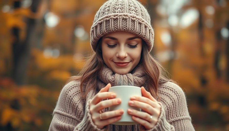 Cozy woman savoring fall wellness hacks outdoors with a mug