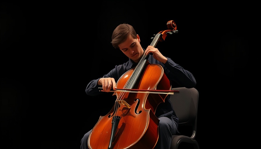 Cellist deeply focused playing on stage, illustrating Cello Meditation Benefits.