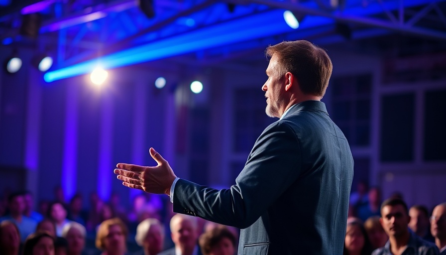 Confident speaker engaging audience on stage, inspire curiosity.