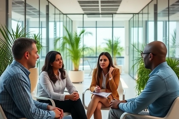 cutting-edge advisory firm, thoughtful, brainstorming, photorealistic, a bright and open office space with glass walls and greenery, highly detailed, employees engaged in conversation, high resolution, neutral tones, soft ambient lighting, shot with a 50mm prime lens.