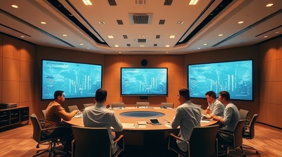 strategic firm strategy, assertive, planning, photorealistic, a modern conference room with a large round table and projection screens, highly detailed, discussion with team members, fine-grained details, warm hues, ceiling lights, shot with an 85mm lens.