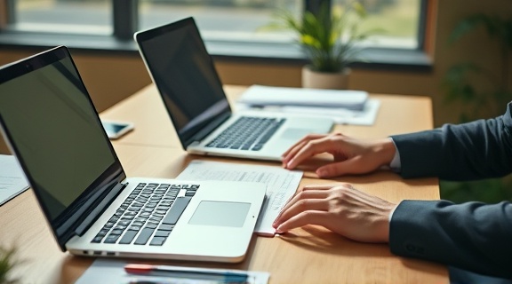 efficient finance firm, meticulous, budgeting, photorealistic, a sleek work desk setup with laptops and financial reports, highly detailed, hands tapping keyboards, pin-sharp, natural wood tones, direct sunlight, shot with a tilt-shift lens.