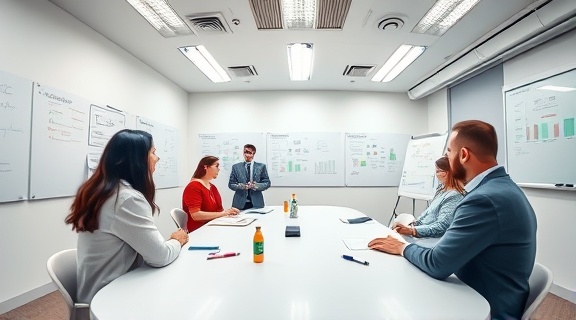 expert advisory firm, insightful, advising, photorealistic, a quiet meeting room with whiteboards and markers, highly detailed, informal group chat, crisp, clean whites, overhead fluorescents, shot with a fish-eye lens.